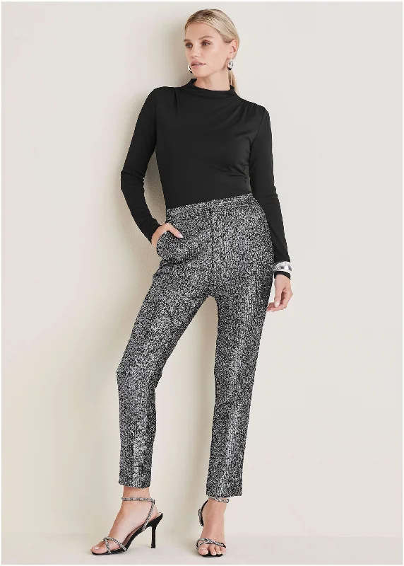 Sequin - Embellished Women Sweater for Special OccasionsSequin Straight Leg Pants - Silver