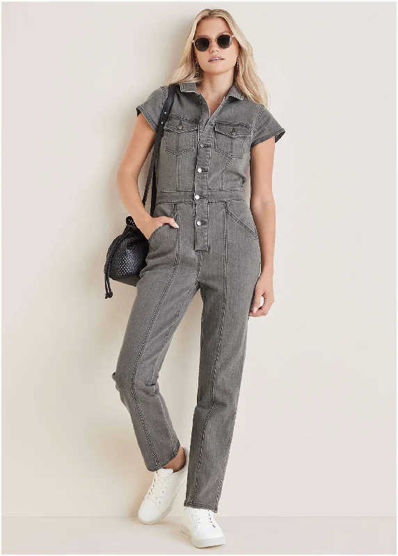 Cable - Knit Women Sweater with Intricate PatternsCap Sleeve Denim Jumpsuit - Grey Wash