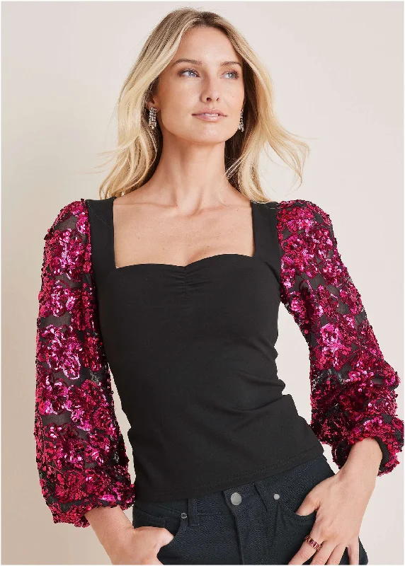 Button - Down Women Sweater for a Versatile LookSheer Sequined Sleeve Top - Black & Pink