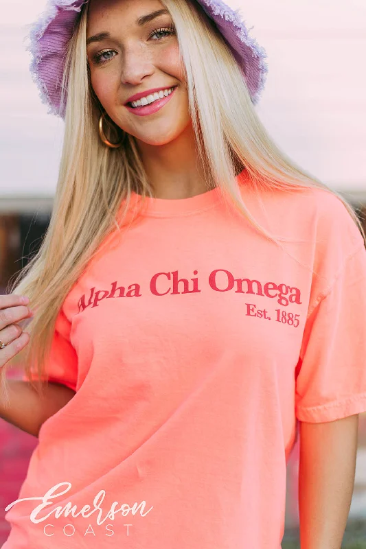 Striped Women T Shirt in a Classic PatternAlpha Chi Omega Neon Orange Tee