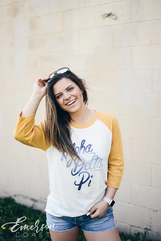 Crop Top Women T Shirt to Pair with High - Waisted BottomsAlpha Delta Pi Script Baseball Tee