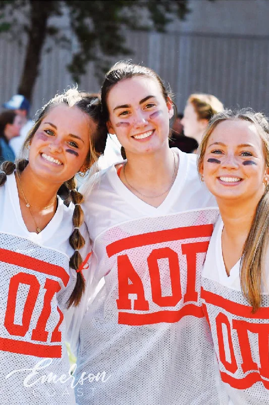 Distressed Women T Shirt with a Laid - Back AestheticAOII Red Hot Bid Day Jersey