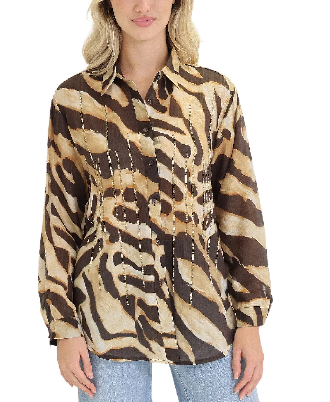 V - Neck Women Sweater to Elongate the NecklineAnimal Print w/ Rhinestones