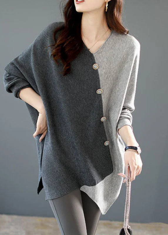 Hooded Women Sweater for Added Comfort and StyleCasual Grey Asymmetrical Patchwork Knit Shirt Winter