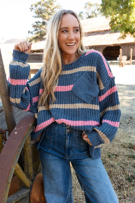 Color - Blocked Women Sweater for a Bold Fashion StatementGolden Girl Striped Sweater - Navy