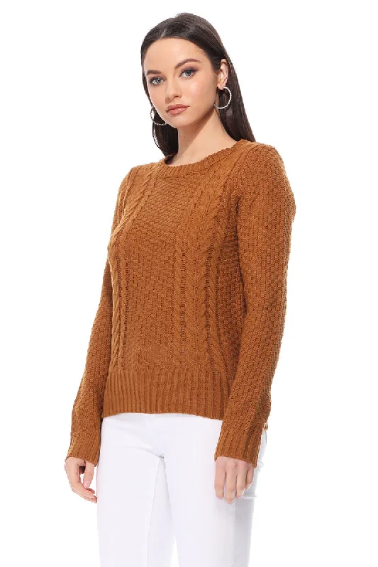 Hand - Knitted Women Sweater with Artisanal CharmYemak Women's Round Neck Long Sleeve Cable Knitted Sweater Pullover MK3312