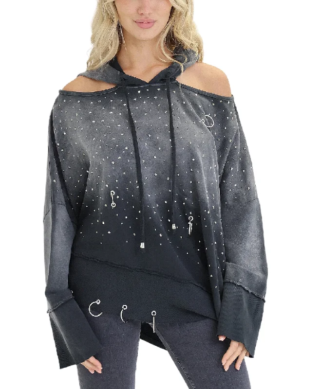 Turtleneck Women Sweater for a Classic and Elegant StyleOmbre Cold Shoulder Hoodie w/ Rhinestones