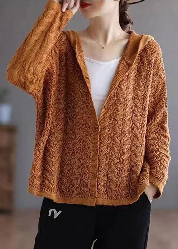 V - Neck Women Sweater to Elongate the NecklineOrganic Caramel Loose hooded Casual Button Fall Knit Knit Sweater