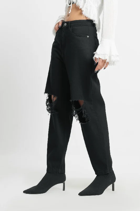 Embellished women jeans with studs or rhinestones for a glamorous touchRelaxed Fit Torn Black Jeans