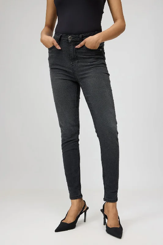 High - rise flare women jeans for a 70s - inspired lookCharcoal Hued Sleek Skinny Jeans