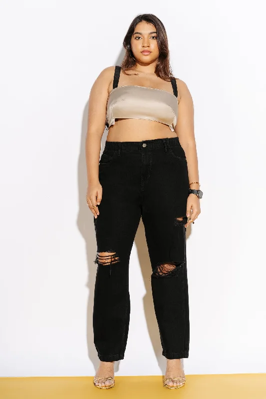 Wide - leg women jeans for a modern and relaxed vibeBlack Elasticated Distress Mom Jeans