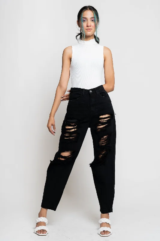 High - rise flare women jeans for a 70s - inspired lookBlack Ripped Baggy Jeans