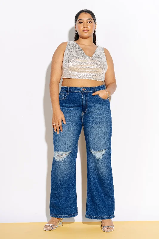 Acid - wash women jeans with a retro finishCurve Knee Ripped Wide Leg Jeans