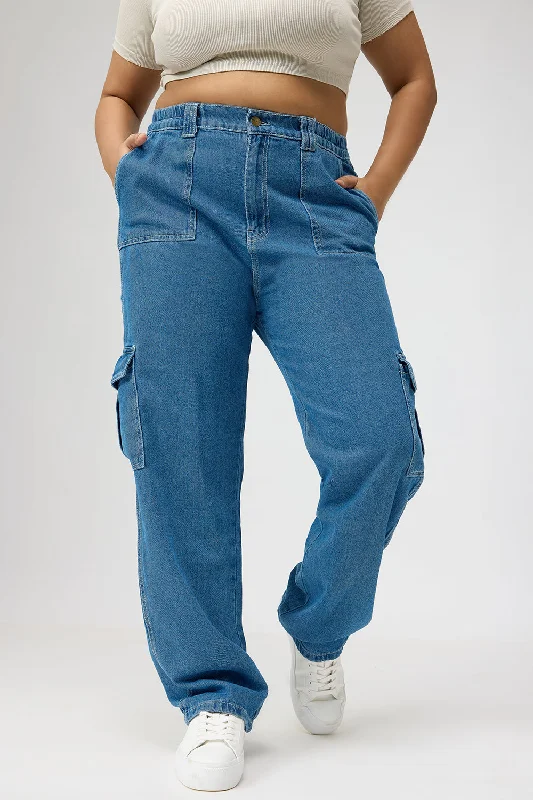 Dark - wash women jeans for a sophisticated and slimming effectCurve Mid Blue Cargo Utility Jeans