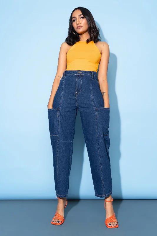 High - waisted women jeans for a flattering silhouetteDark Blue Baggy Jeans With Side Pockets