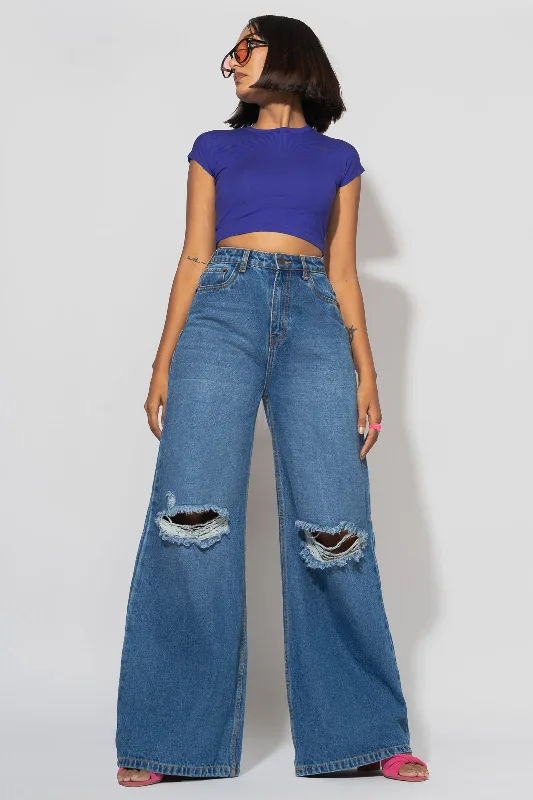 Wide - leg women jeans for a modern and relaxed vibeBlue Distressed Wide Flare Jeans