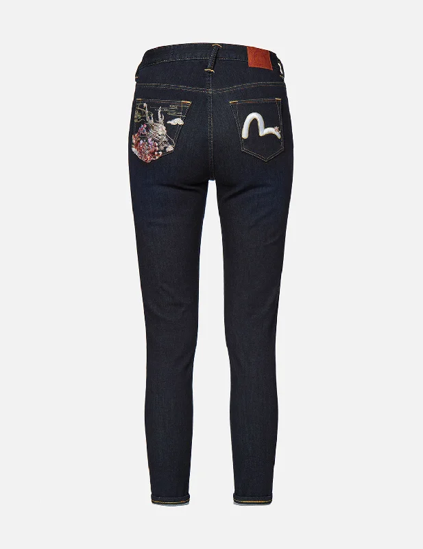 Skinny women jeans with a form - fitting designDragon Head and Seagull Embroidered Skinny Jeans