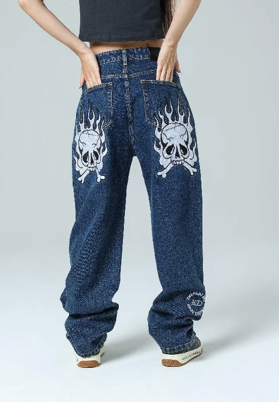 Jeggings women jeans combining the comfort of leggings and style of jeansWomens Flaming Skull Relaxed Fit Denim Trousers Jeans - Indigo