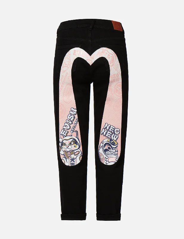 Straight - leg women jeans with a classic and timeless appealFortune Cat and Daruma Daicock Print Relax Fit Jeans