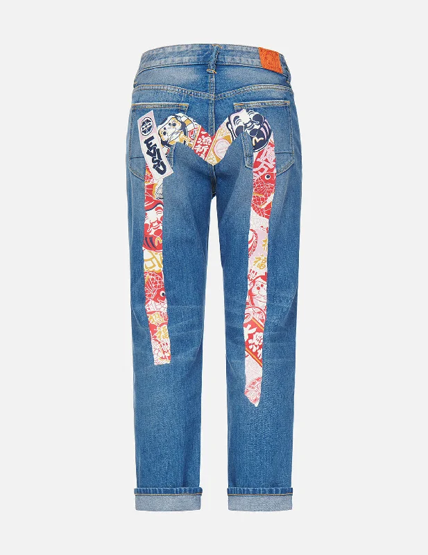 Colored women jeans in vibrant hues like red and yellowGodhead and Festival of Wishes Graphic Daicock Boyfriend Jeans