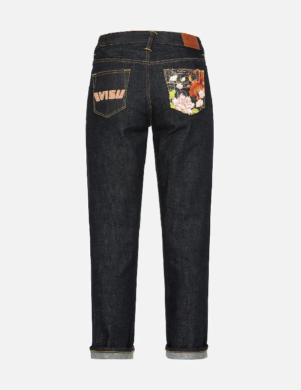 Button - fly women jeans with a traditional touchGoldfish and Floral Flow Embroidery Straight Fit Denim Jeans