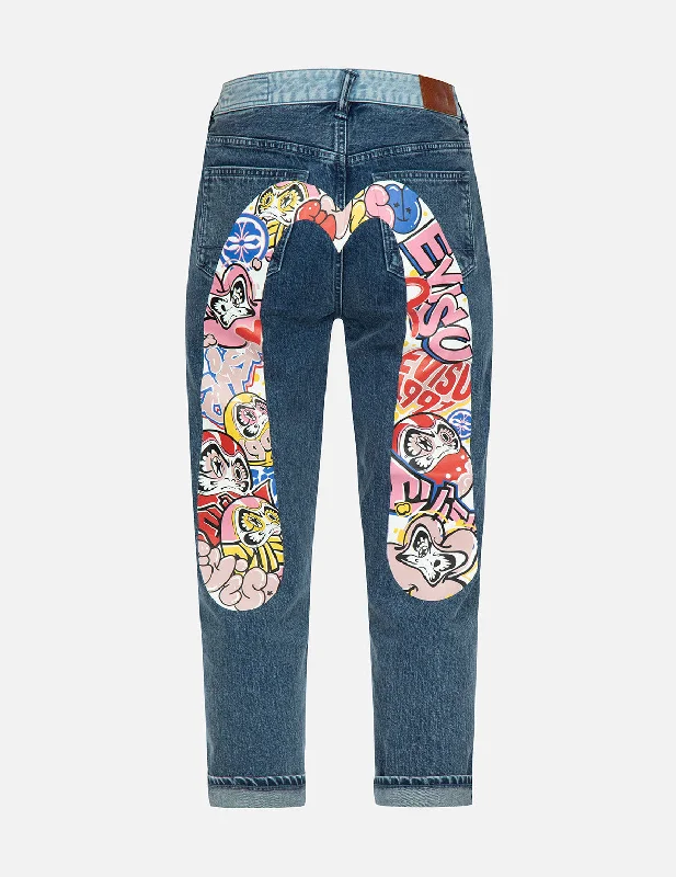 Skinny women jeans with a form - fitting designGraffiti Daruma Daicock Print Two-tone Jeans