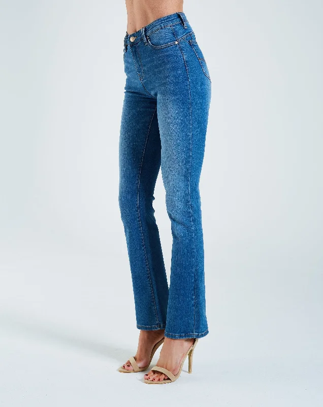 Embroidered women jeans with intricate patternsGina High Rise Bootleg Medium Blue