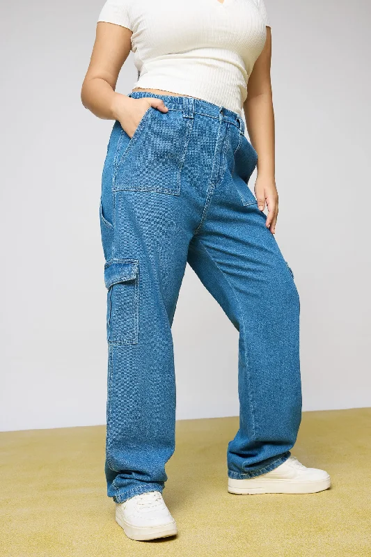 Distressed women jeans for a trendy and edgy lookMid Blue Utility Curve Straight Fit Cargo Jeans