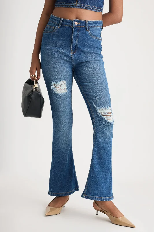 Embellished women jeans with studs or rhinestones for a glamorous touchClassic Blue Distress Bootcut Jeans