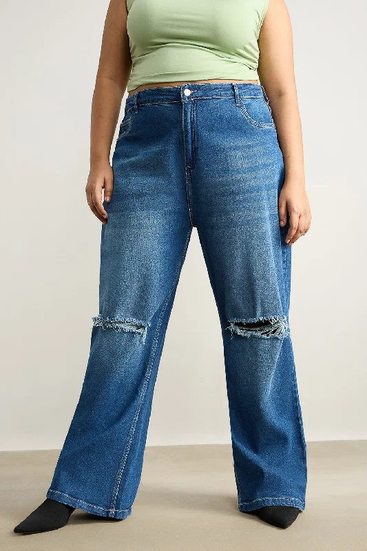 Skinny women jeans with a form - fitting designWide Fit Distressed Blue Stone Jeans