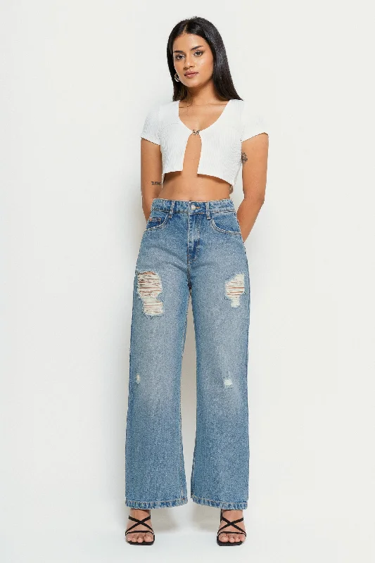 Ripped women jeans for a rebellious and fashion - forward styleWindy Blue Distressed Wide Jeans