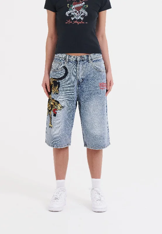 Bootcut women jeans to complement various shoe stylesWomens Panther Crawl Relaxed Denim Jorts Shorts - Bleach