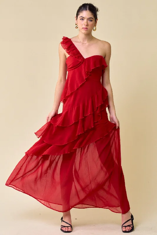 Empire Waist Women Dress to Accentuate the Bust and Conceal the WaistLong One Shoulder Ruffled Dress