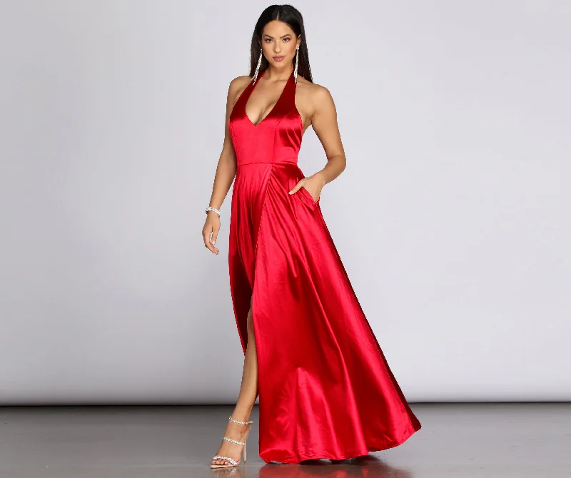 Wrap - Style Women Dress with Adjustable Fit for All Body TypesHazel Formal Halter Satin Dress