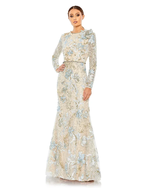 Sleeveless Women Dress in Bright Colors for Summer PartiesMac Duggal 11174 Long Sleeve Floral Lace Formal Gown