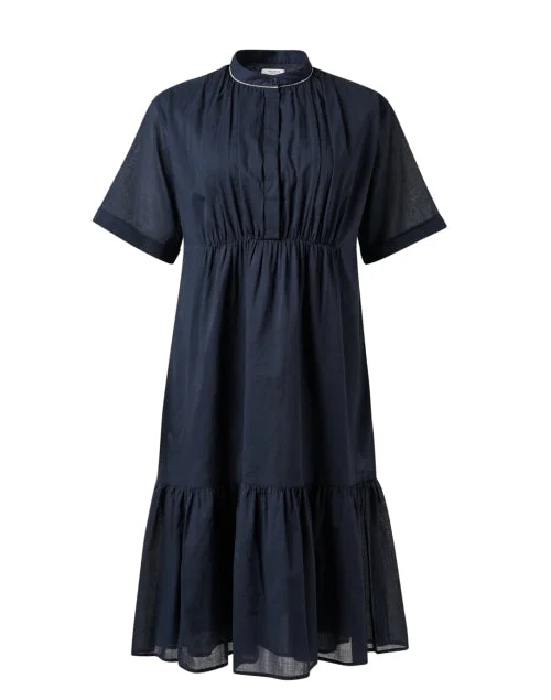 Halter Neck Women Dress to Show Off the Shoulders and NecklineNavy Tiered Cotton Dress