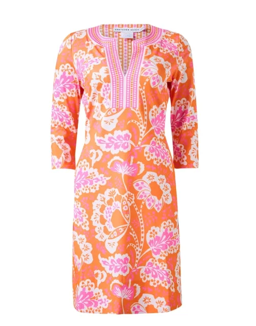 Halter Neck Women Dress to Show Off the Shoulders and NecklineOrange and Pink Printed Jersey Dress