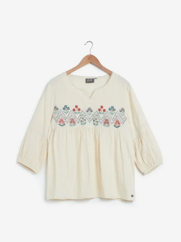 Embroidered Women Shorts with Intricate DesignsGia Curves Beige Embroidered Peasant Top