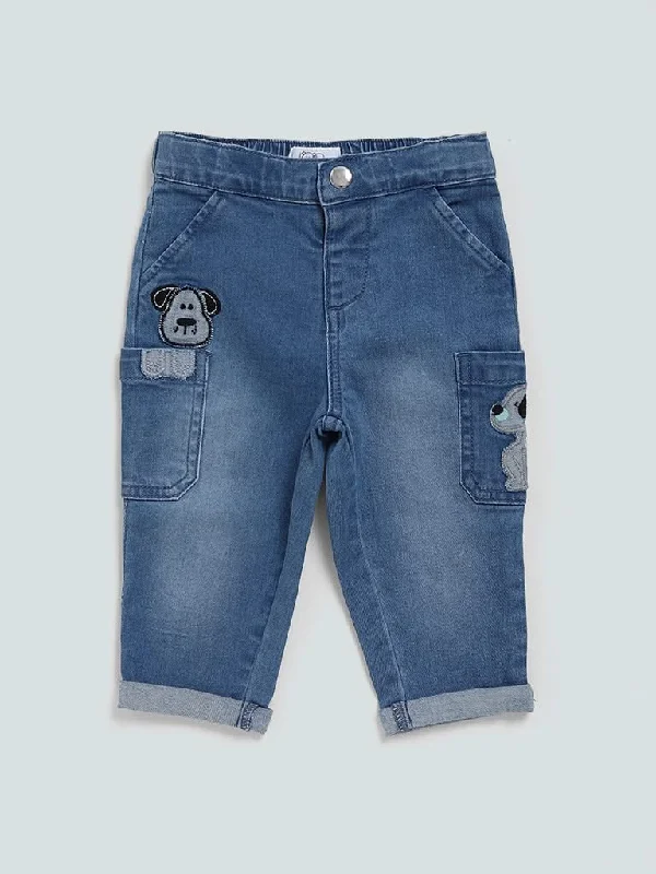 Patterned Geometric Women Shorts for a Modern AppealHOP Baby Blue Dog Patch Work Relaxed - Fit Mid - Rise Jeans