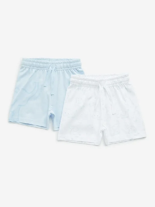 Twill Women Shorts with a Smooth Texture and DurabilityHOP Baby Light Blue Elephant Design Mid-Rise Cotton Shorts - Pack of 2