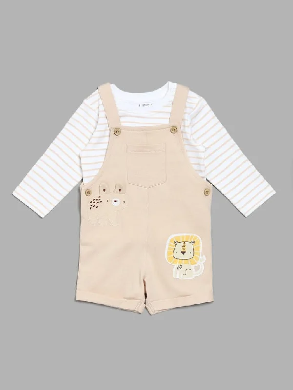 Stretchable Women Shorts for Maximum MobilityHOP Baby Stripe T-Shirt & Animal Print Light Beige Dungaree Set