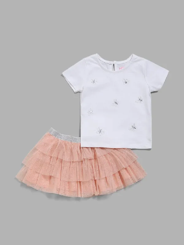 Denim Women Shorts with Distressed Details for a Casual VibeHOP Baby White T-Shirt & Peach Tutu Skirt Set