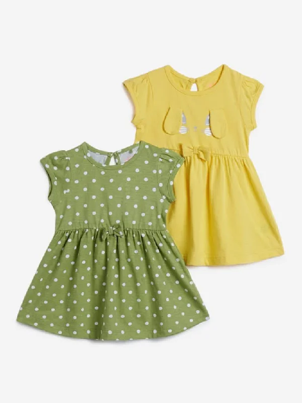 Patterned Geometric Women Shorts for a Modern AppealHOP Baby Yellow & Olive Print Dress Set of Two