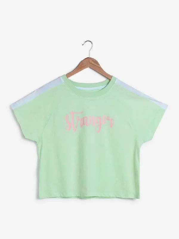 Patterned Geometric Women Shorts for a Modern AppealStudiofit Mint Text Print Crop T-Shirt