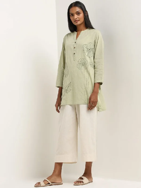 Leather Look Women Shorts for an Edgy and Chic StyleUtsa Green Floral Embroidered High-Low Cotton Kurti