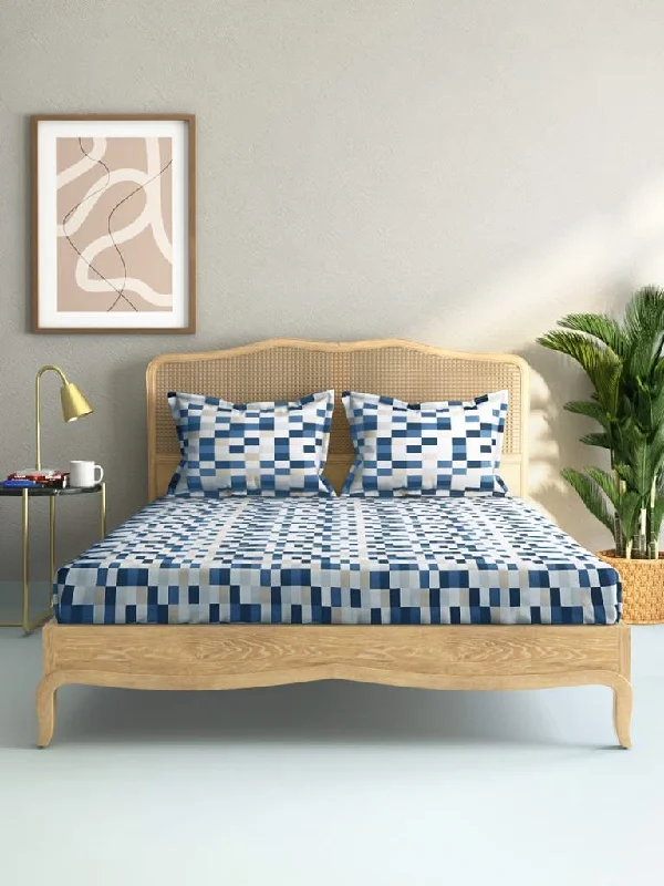 Patterned Geometric Women Shorts for a Modern AppealWestside Home Indigo Rectangular Design 144TC Double Bedsheet With Two Pillowcases