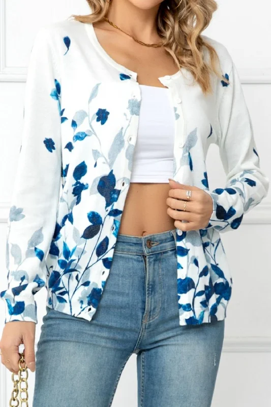 Floral Button Front Round Neck Cardigan