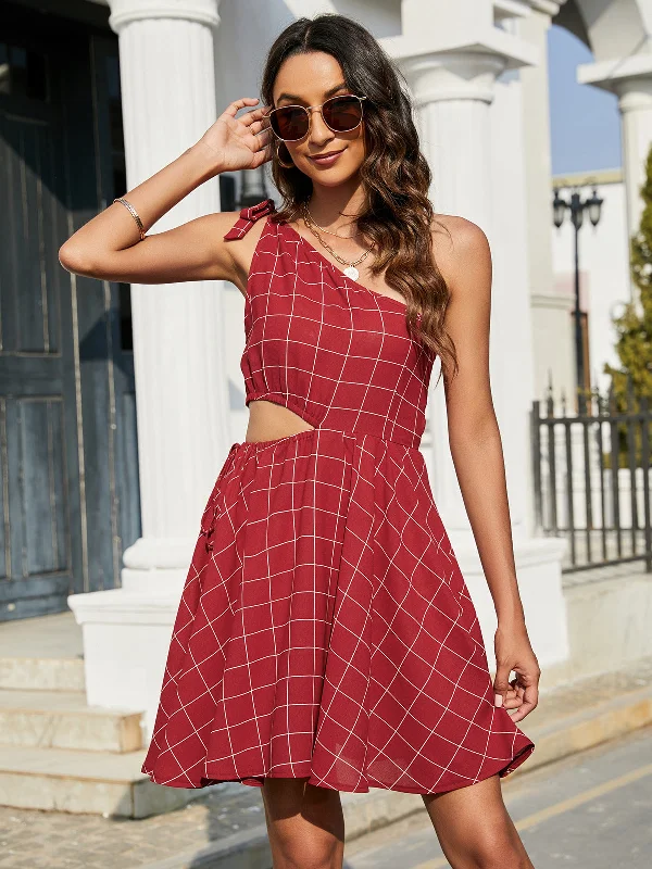 Grid One-Shoulder Tied Cutout Dress